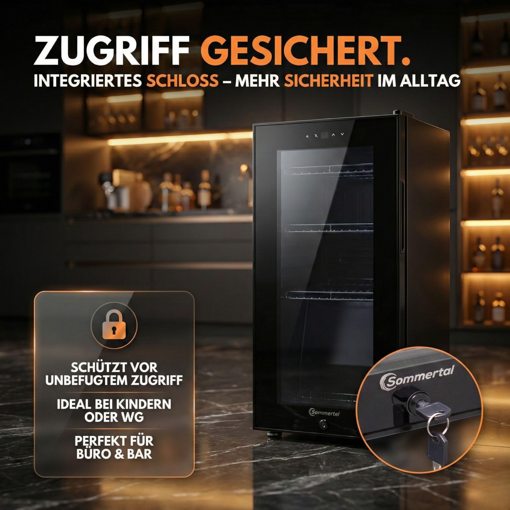 Sommertal GK50 Kühlschrank mit Glastür 50L Leiser Getränkekühlschrank RGB LED Touchscreen Schloss Schwarz
