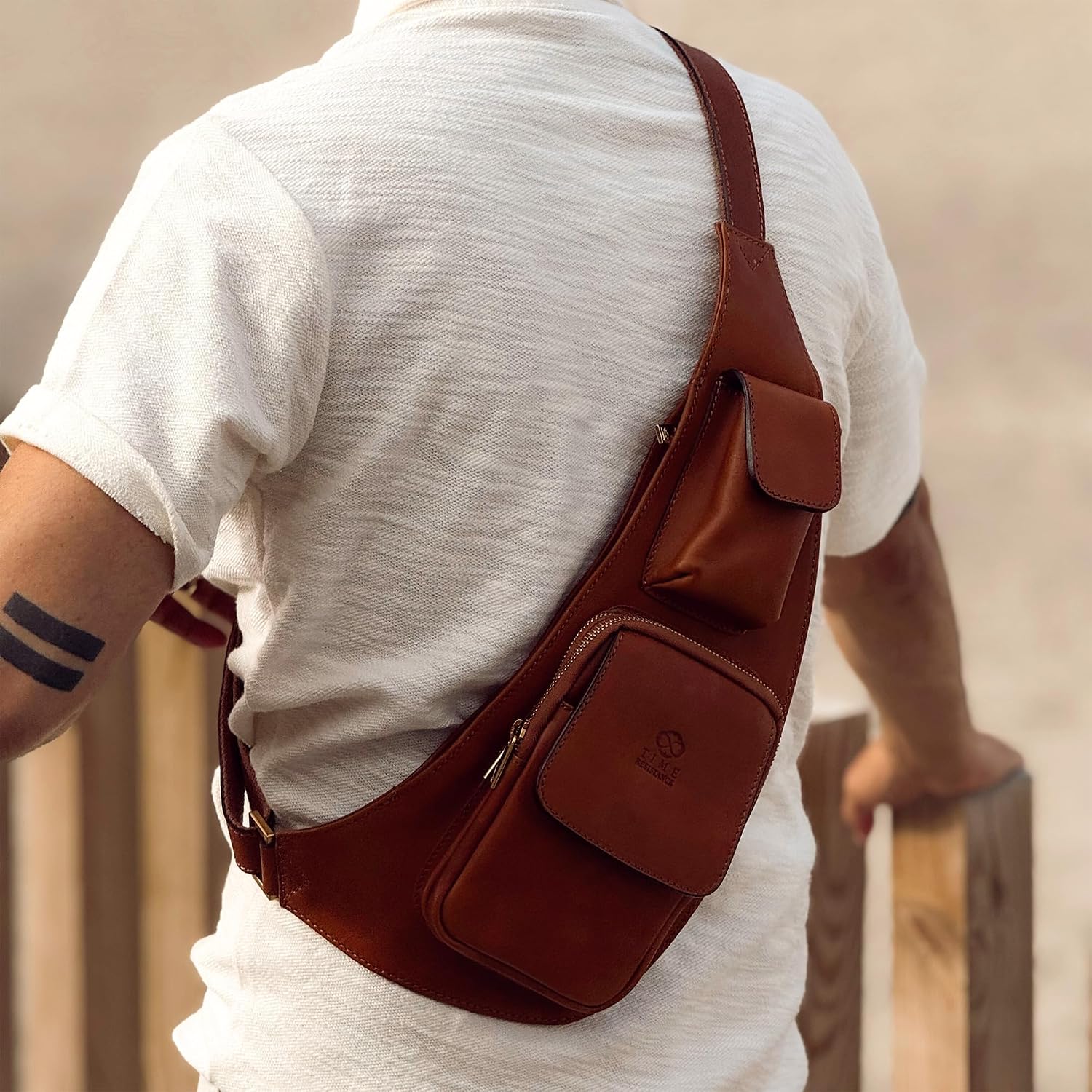 Time Resistance Leather Sling Bag - Crossbody Bag - Messenger Bag for Men and Women - Handmade Shoulder Bag Backpack