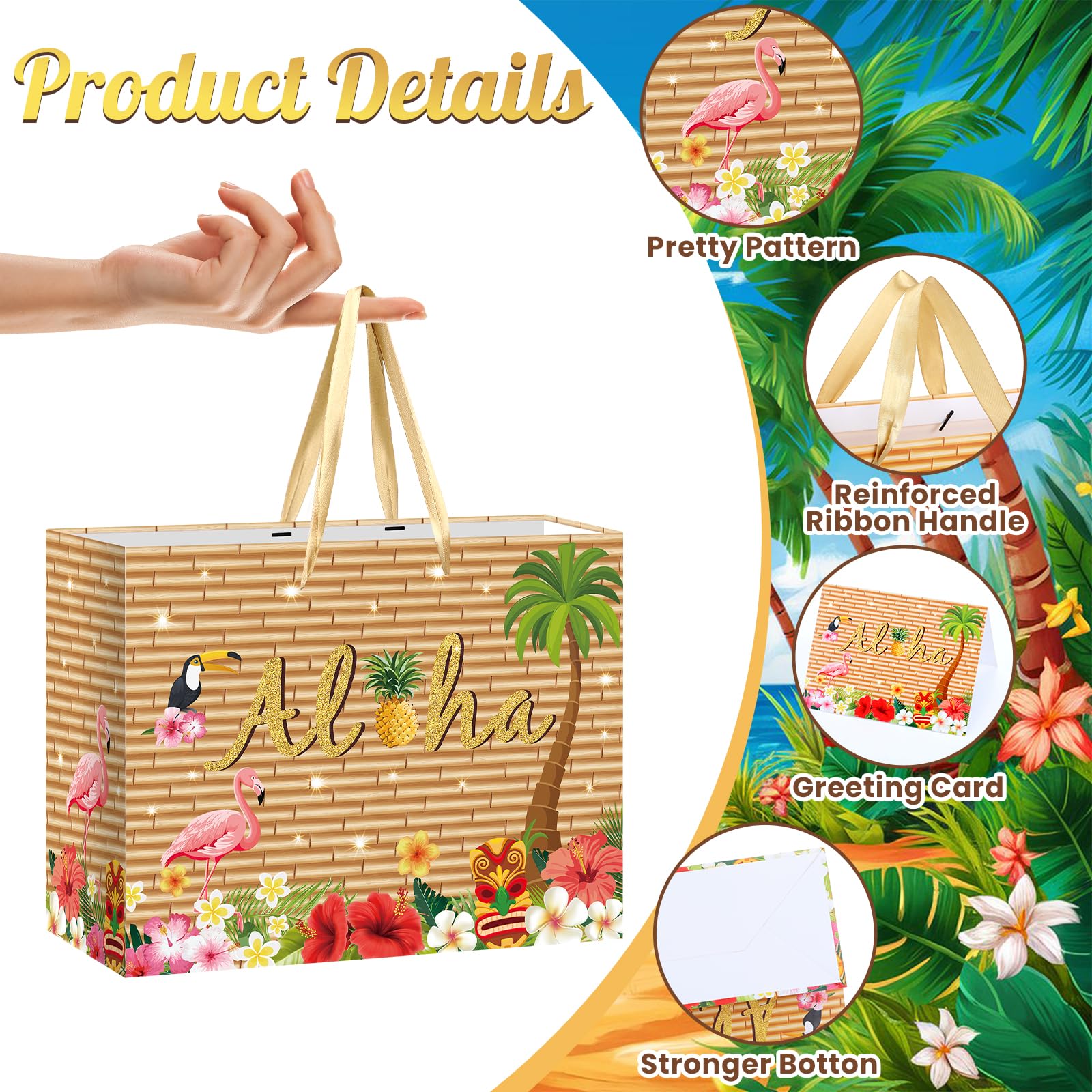 Hawaiian Gift Bag Luau Tiki Party Decorations Wood grain Hawaiian Gift Bag with Tissue Paper and Card Flamingo Beach Wrapping Bags for Tropical Summer Beach Pool Birthday Party Decorations
