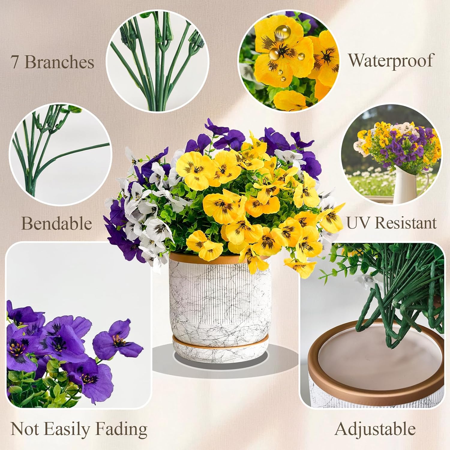 9 Artificial Pansy Flowers for Outdoors with Gift Box - UV-Resistant Fake Silk Faux Blooms for Front Porch Decor & All-Weather Outdoor Arrangements; Gift for Grandma/Valentine's Day. - Image 5