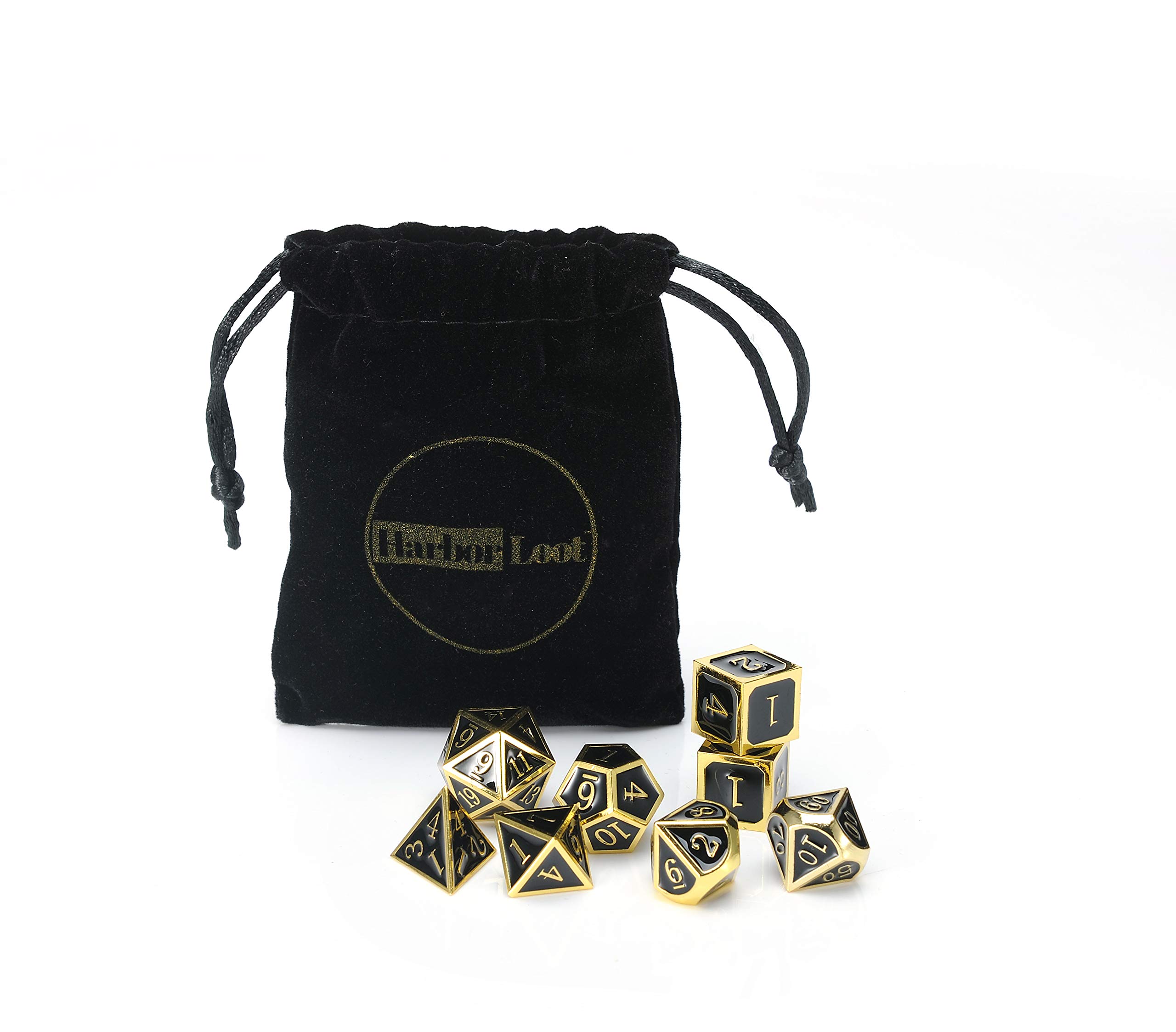 Full Metal Dice Set Plus Extra D6 Total Eight Dice Metal Polyhedral Dice Set Black and Gold Dice