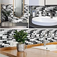 Vista 4 de 10 hojas de adhesivos de mármol blanco y negro autoadhesivos para loseta en muro, 12 x 12 pulgadas, para cocina y baño