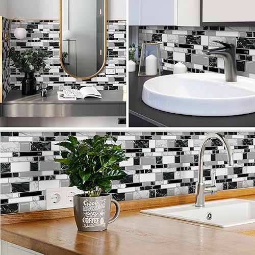 Miniatura 4 de 10 hojas de azulejos autoadhesivos para salpicaduras de 12 x 12 pulgadas para cocina, baño, mármol blanco y negro