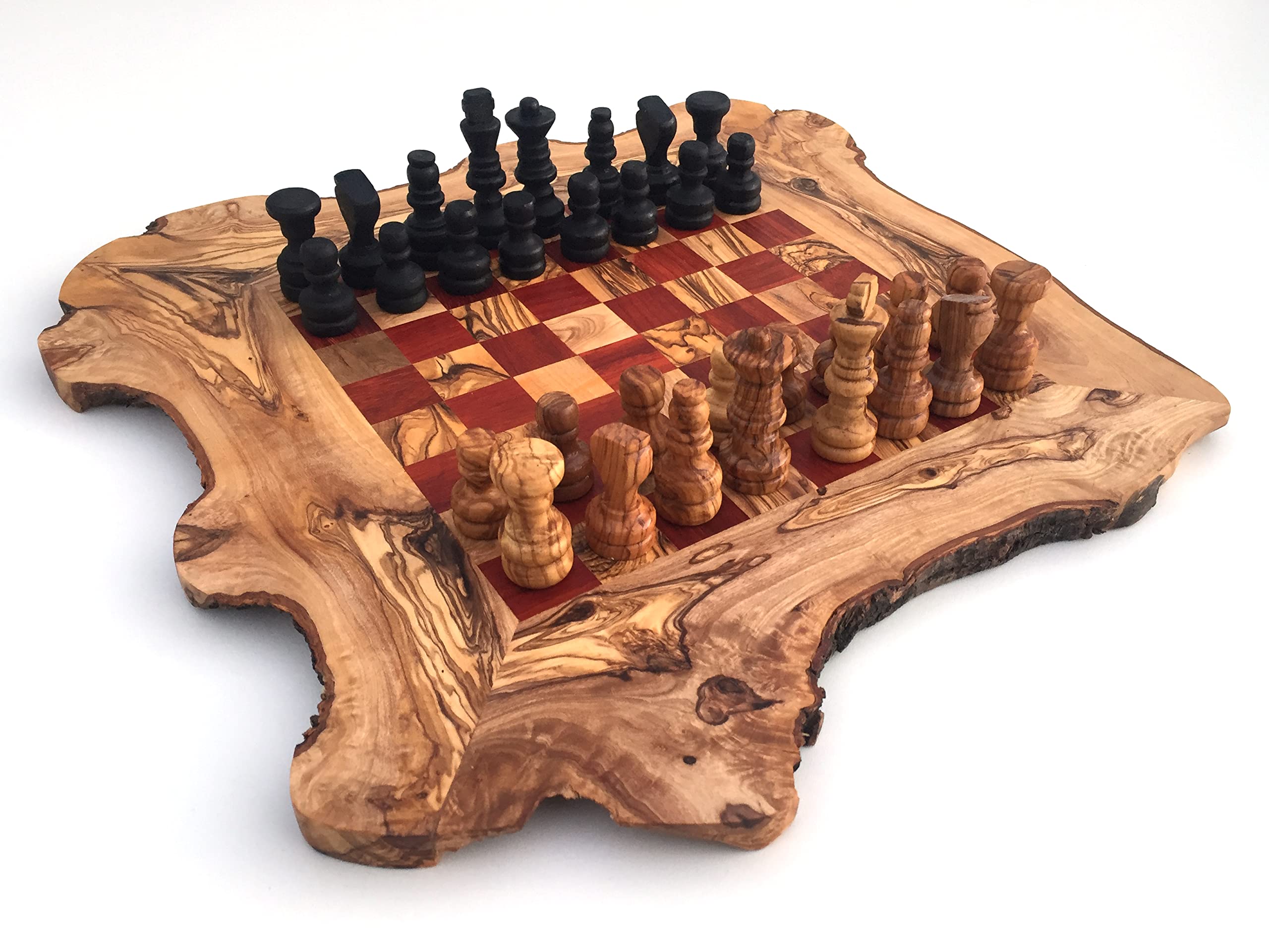 Schachspiel rustikal Schachbrett Gr. L inkl. 32er Schachfiguren handgefertigt aus Olivenholz Schach Geschenk Hochwertig