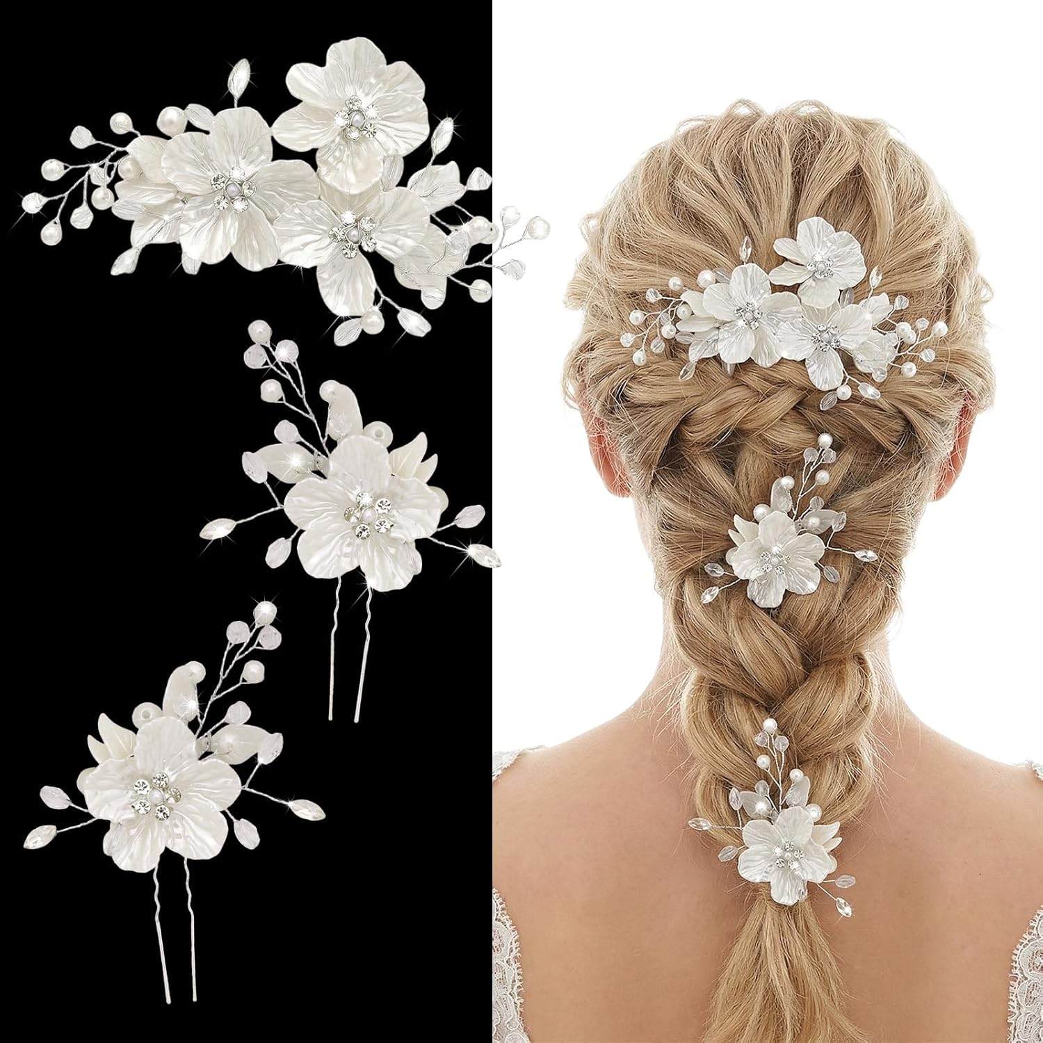 3PCS Bridal Wedding Hair Pins Crystal Pearl Rhinestone White Flower Hair Clips for Brides Bridesmaids