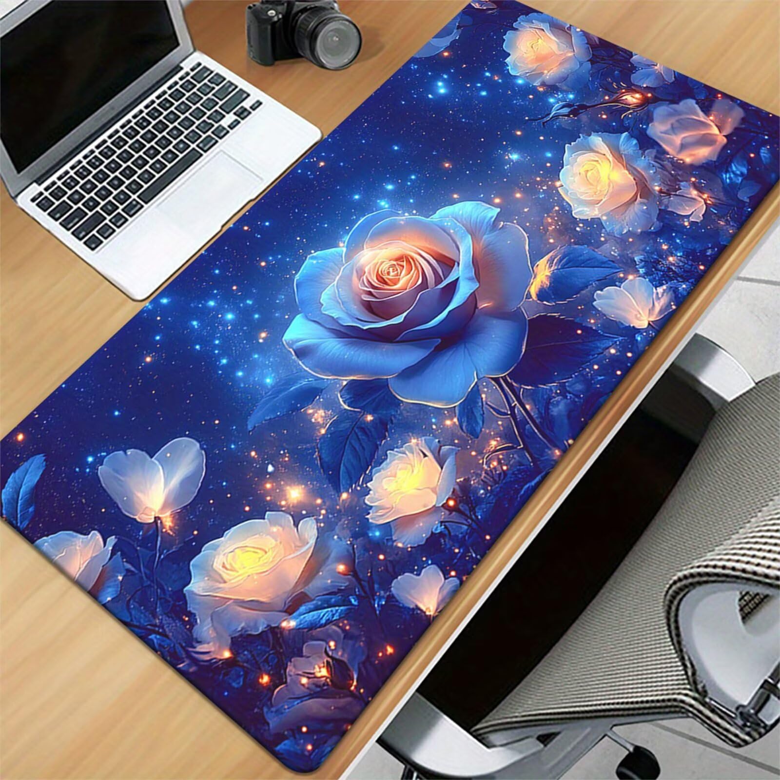 Alfombrilla de Ratón XXL 1000x500x2mm, Alfombrilla de Escritorio Grande Flores Rosas Azules, Mouse Pad Gaming Antideslizante con Bordes Cosidos para Teclado, PC y Oficina