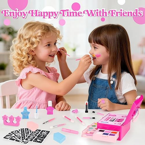 Miniatura 4 de Kit de maquillaje para niñas, set de cosméticos reales lavables con espejo, pintura facial con plantillas y pinceles, juguetes de maquillaje de