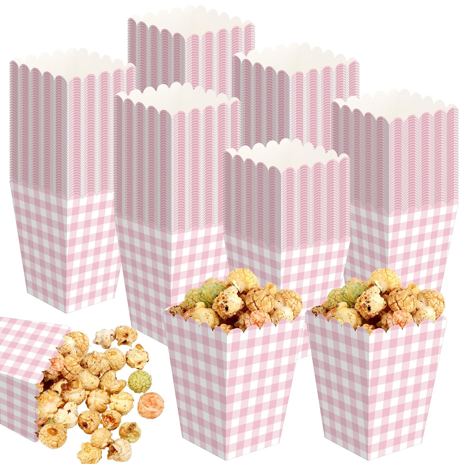 Gueevin 100 Pcs Gingham Pink Popcorn Boxes with Scalloped Gingham Pink Party Favor Mini Paper Popcorn Containers Bulk for Movie Night Decorations Bridal Baby Shower Party Supplies