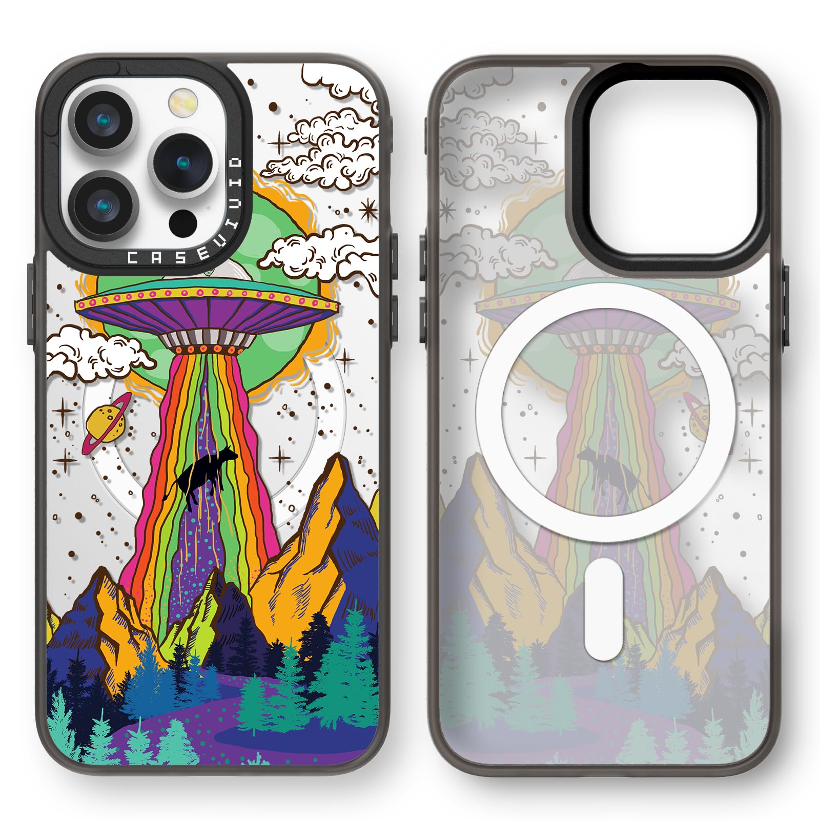 casevivid Magnetic for iPhone 14 Pro Max Magsafe Case Cute Aesthetic - Black Wireless Charging Phone Case with Wrist Strap - Girly UFO Pattern Print Cover Design for Woman Girl 6.7 inches