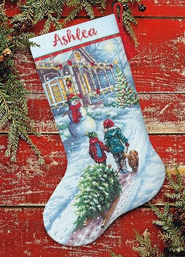 Miniatura 5 de Dimensions 70-08995 Holiday Tradition - Kit de calcetines de punto de cruz personalizable para Navidad, 16 pulgadas de largo, 14 unidades de Aida