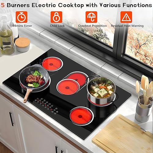 Miniatura 2 de Estufa eléctrica de 30 pulgadas, 5 quemadores, estufa eléctrica de 8400 W de 30 pulgadas, estufa de cerámica integrada con control táctil,