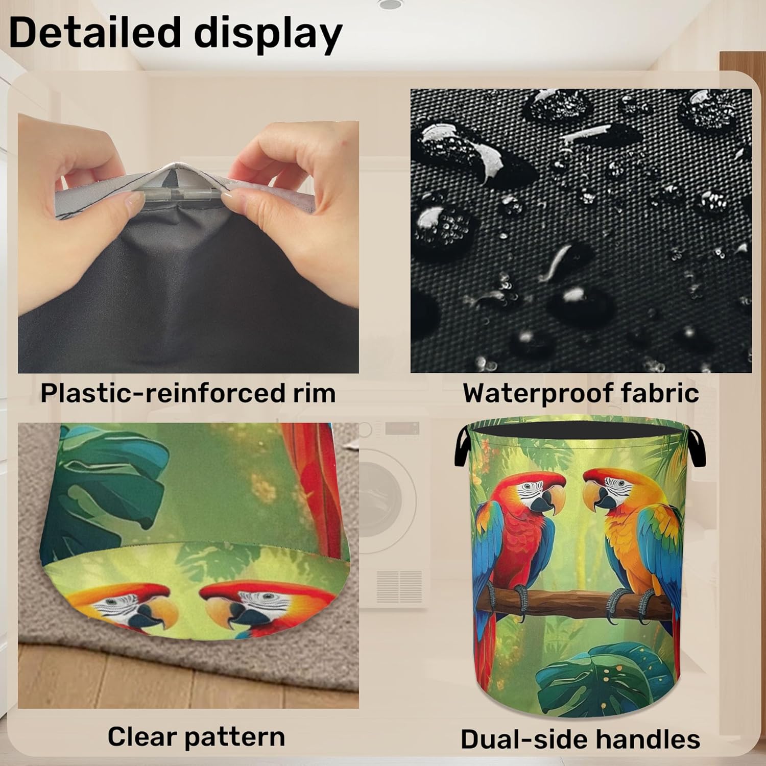 Tropical Parrot Foldable Laundry Hamper - Waterproof Fabric Storage Basket with Handles, Clothes Hampers for Laundry,Bedroom,Dorm