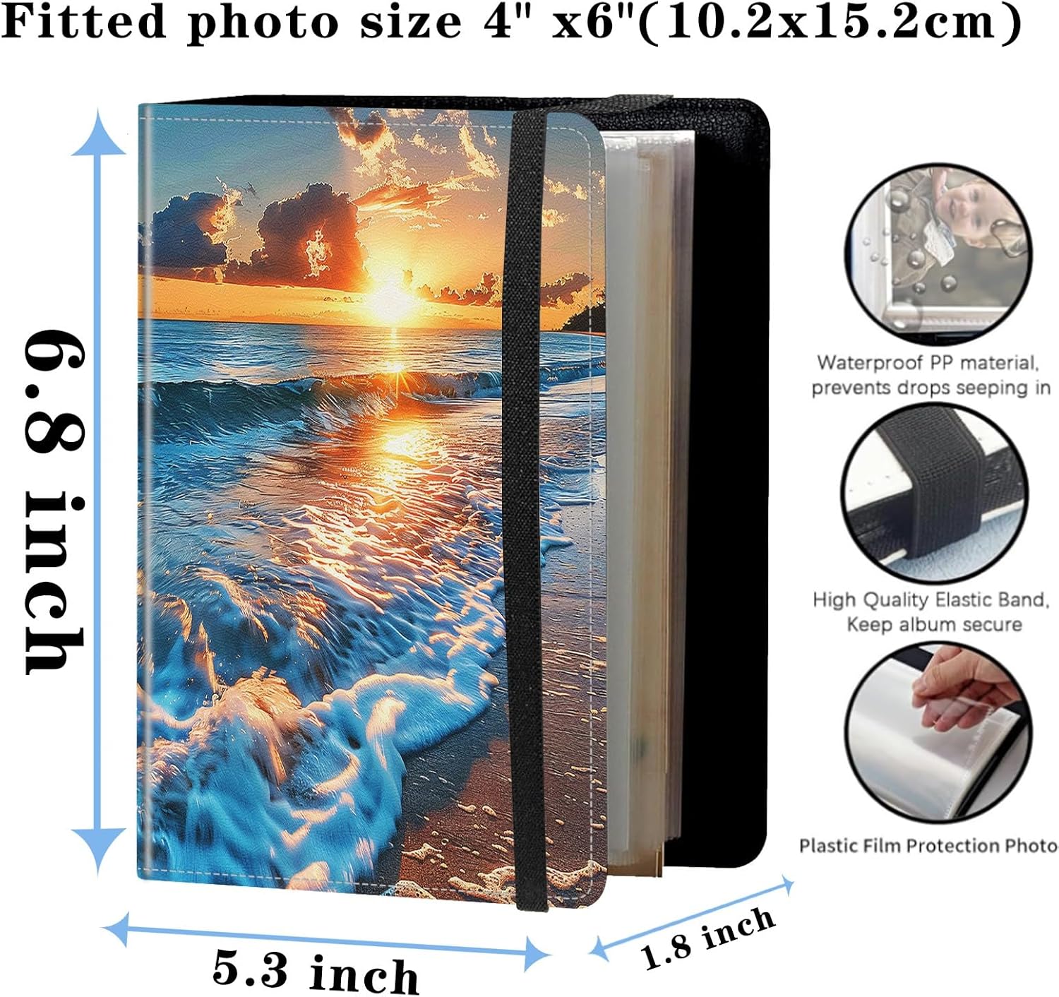 Photo Album 4x6 - 120 Photos, PU Leather, Transparent PP Pages, Elastic Band, Side-loading Pocket, Ocean Waves Pattern, 6.4 x 5 Inches, Beach Sunset - Image 2