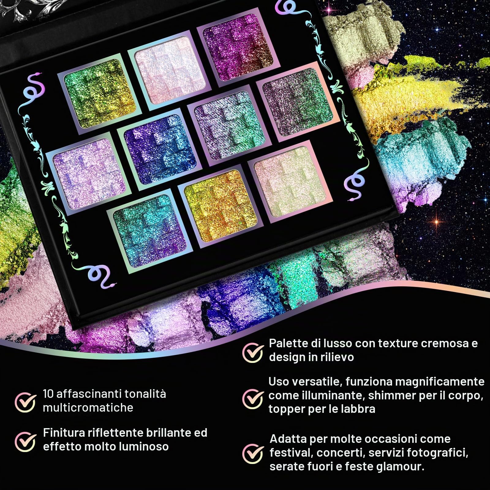 UCANBE Palette di ombretti Chameleon Multicrome 10 colori, ombretti metallizzati riflettenti, con cambiamento di colore, versatili, mistibili, con glitter olografici