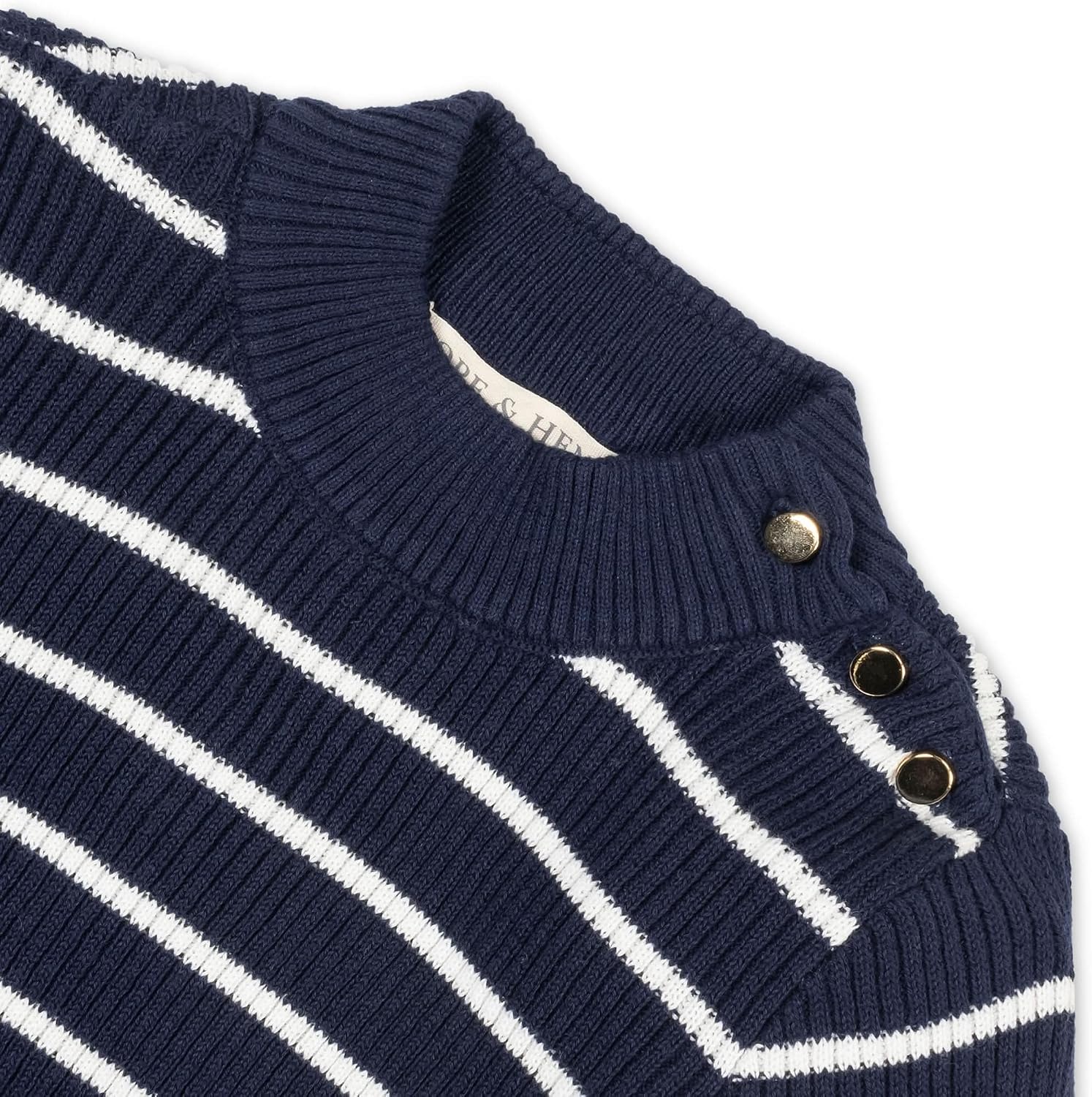 Hope & Henry Girls' Organic Long Sleeve Mock Neck Sweater with Gold Buttons, X-Small, Navy Breton Stripe