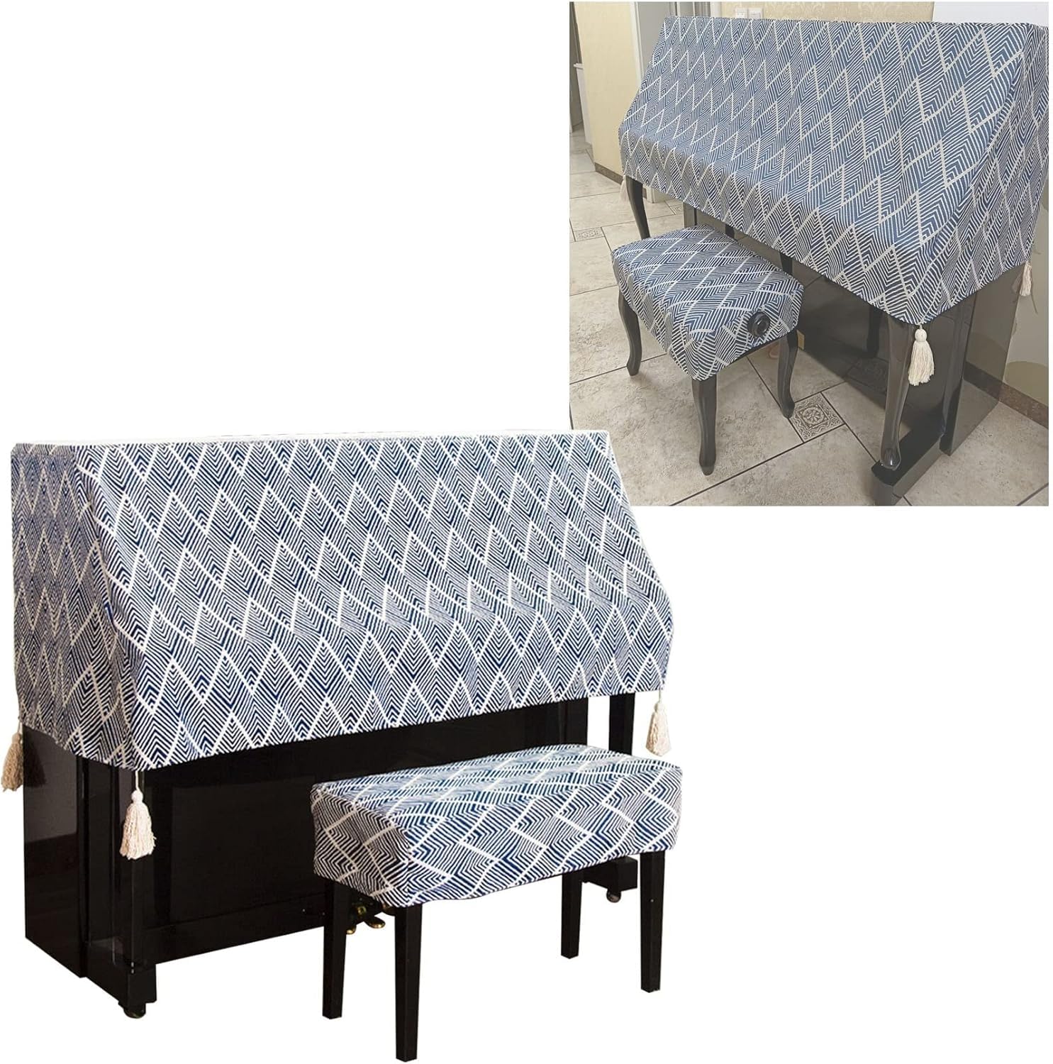 Housse piano verticale jacquard bleu douceur et imperméabilité premium