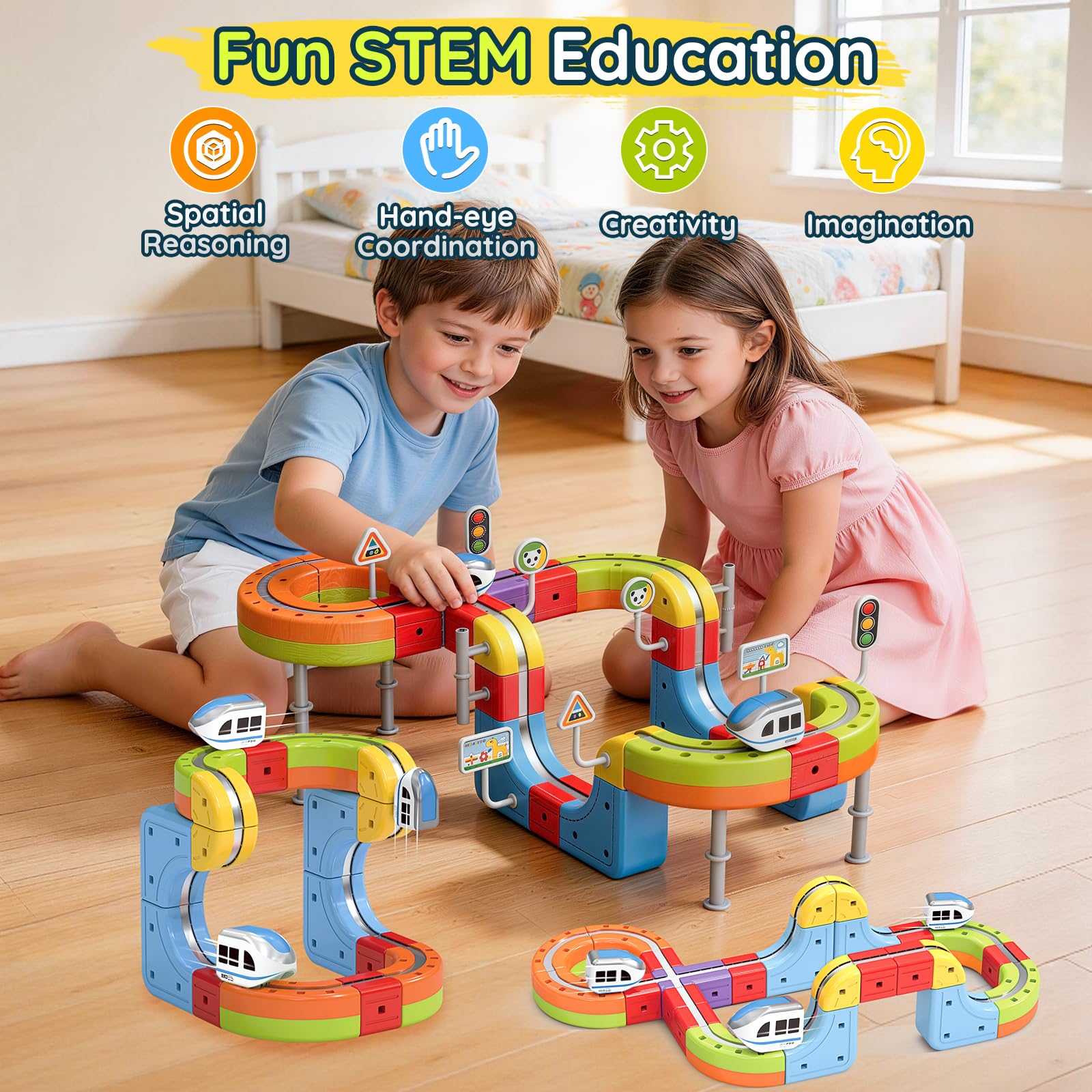 Circuit Train Electrique Enfant, 70 Pièces DIY Construction Cube Track Jouet avec Train Électrique, Cadeau pour Enfants 3 4 5 6 7 8 9 10 11 12 Ans