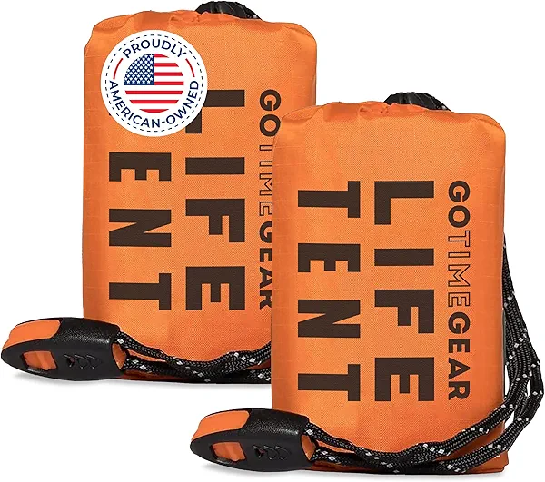 Go Time Gear Emergency Camping Tent - 2-Person Orange - Lightweight Waterproof Shelter for Camping & Hiking - Includes 120 dB Whistle & Paracord - Survival Kit Shelter for Hiking Gear