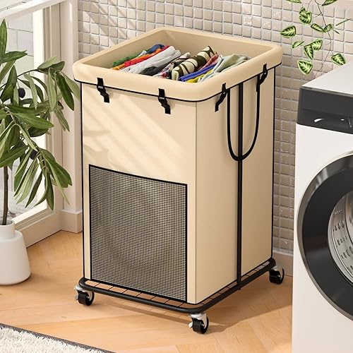 Miniatura 8 de YKDIRECT Cestos grandes para la ropa sucia de 150 litros, cestas de tela Oxford, marco de metal y diseño de bolsa extraíble con ruedas, adecuado
