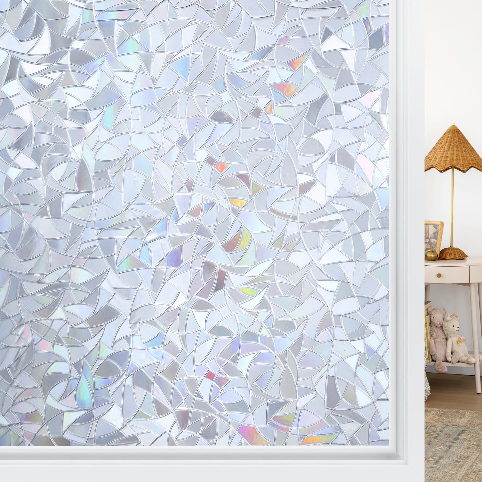 Haton Window Privacy Film, Stained Glass Rainbow Film Decorative Window Clings, Static Cling Sun Blocking Sticker, One Way Cover Tint for Home Heat Control, Non-Adhesive, Silver 35.4" x 78.7"