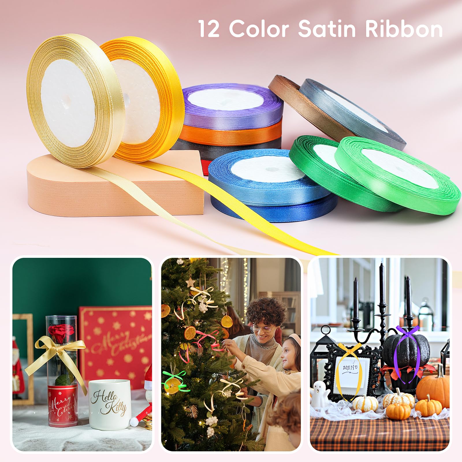 5/8 Inch Double Face Satin Ribbon – 10 Colors, 60 Yards, For Gift Wrapping, Balloons, Crafts, Hair Bows, Birthday Decor