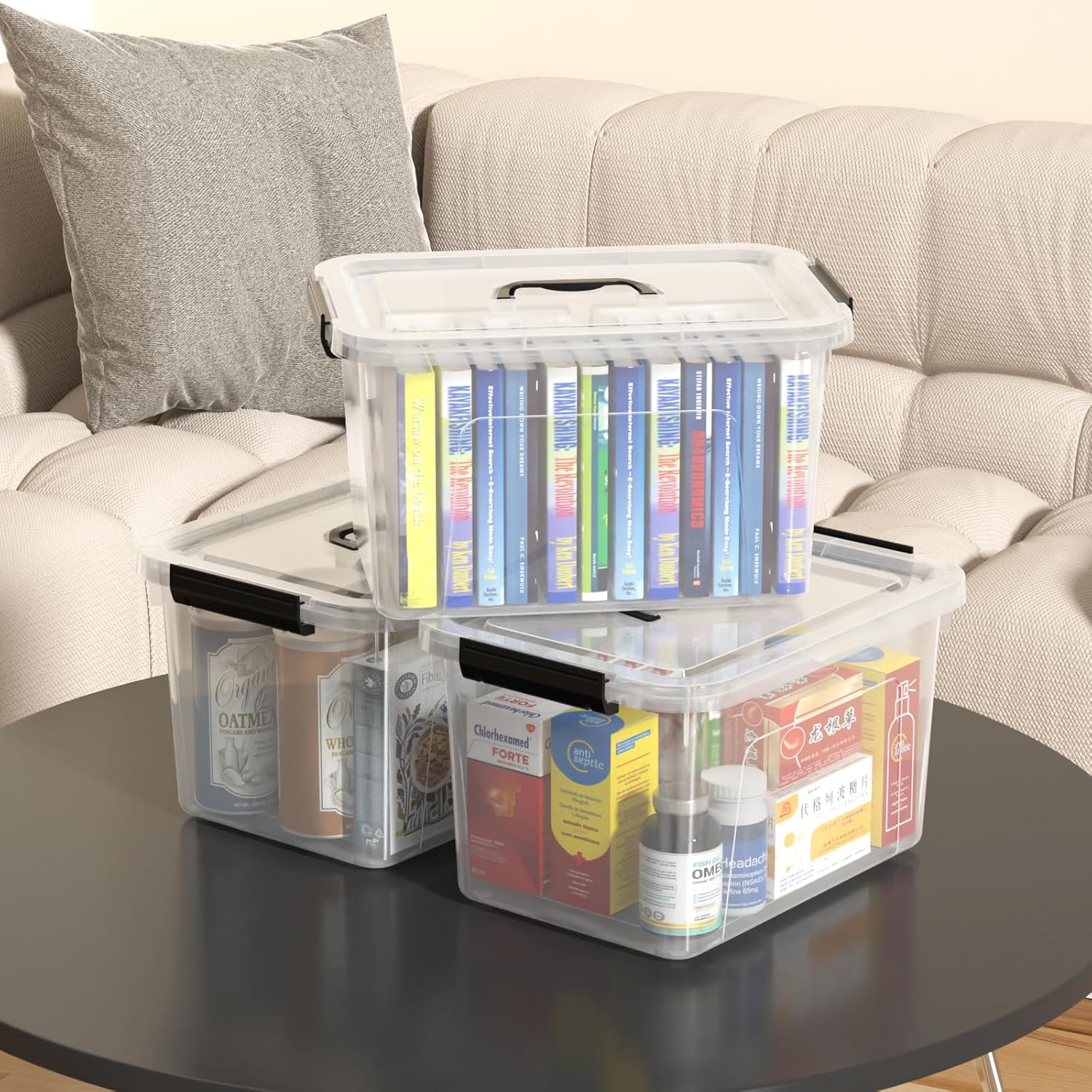 12 Quart Clear Storage Latch Box with Lids, Plastic Storage Bin with Handle, 4 Pack