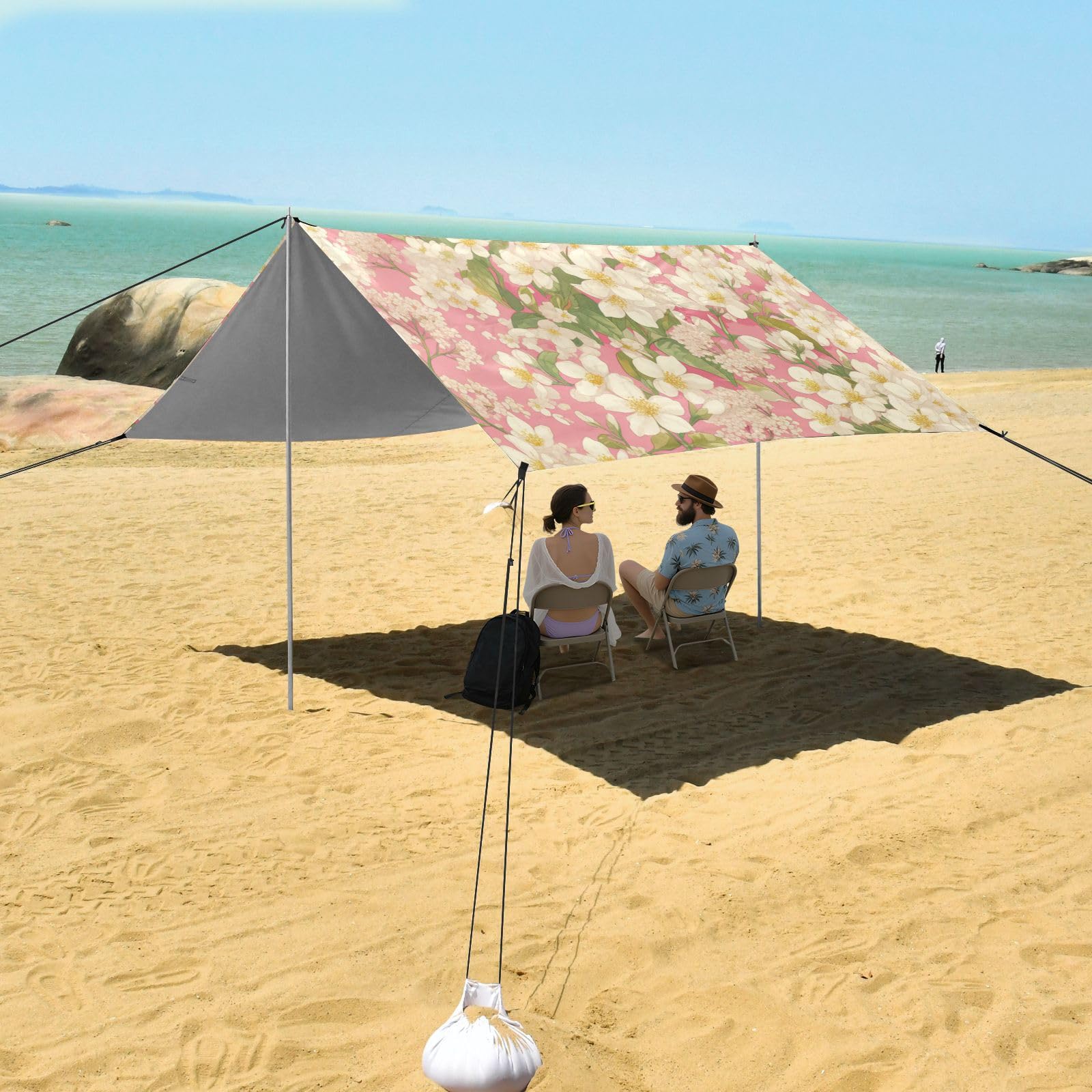 Tenda da spiaggia bianca floreale rosa e baldacchino UPF50 leggera e portatile con pala per sabbia, sacchi di sabbia per cortile, prato, parco