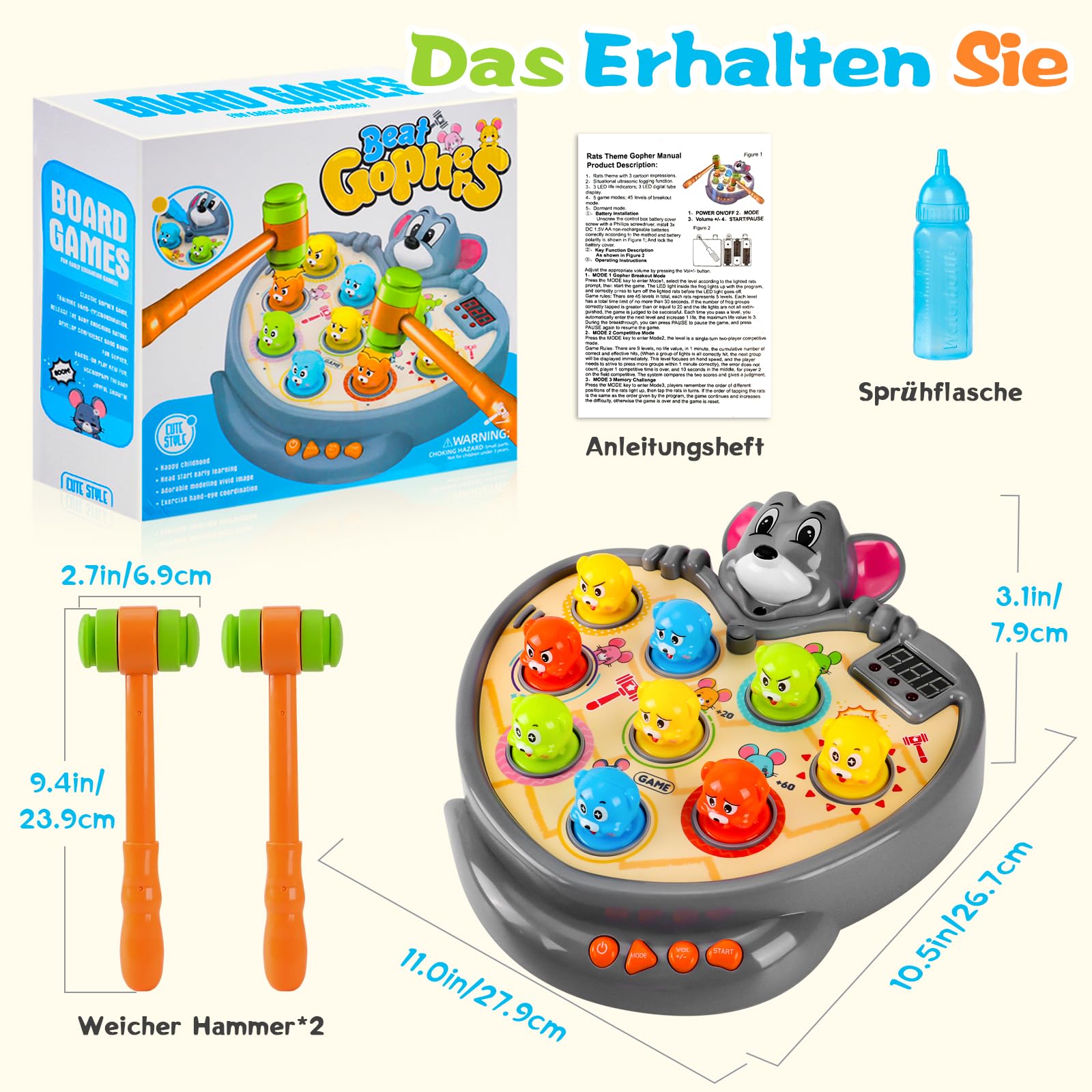 YOOHBERRYS Whack Spiel, Schlag den Maulwurf, Hammer Spiel mit 5 Spielmodi, 9 Musik, 2 Hämmern, Montessori Lernspielzeug Spielzeug für Kleinkinder und Kinder ab 3 4 5 6 Jahren