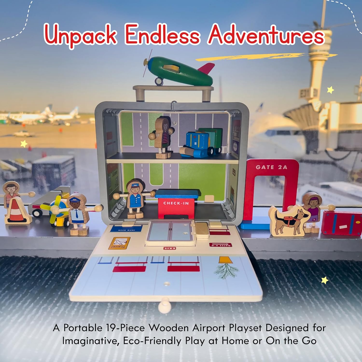 Jack Rabbit Creations- Airport Suitcase Playset- 19 Piece Portable Wooden Toy Set for Ages 3+- FSC-Certified, Non-Toxic Paints and Travel Friendly Design