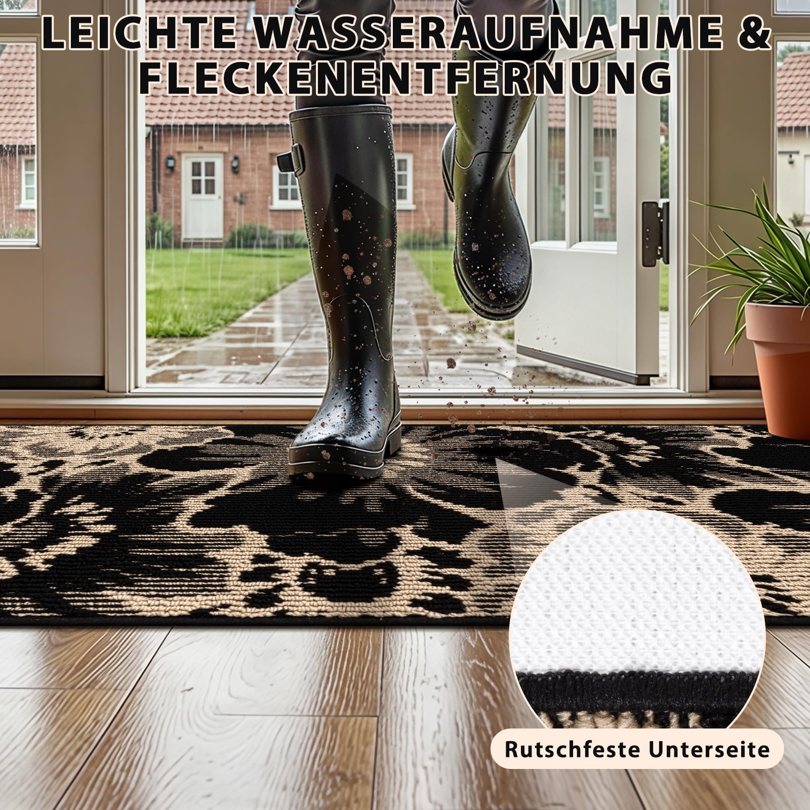 Läufer Flur Langer rutschfest, Teppich Läufer Waschbar, 80x300cm | Schwarz & Beige, Absorbierend Küchenteppich, Polypropylen, Perfekt für Küche, Eingang, Esszimmer Waschküche