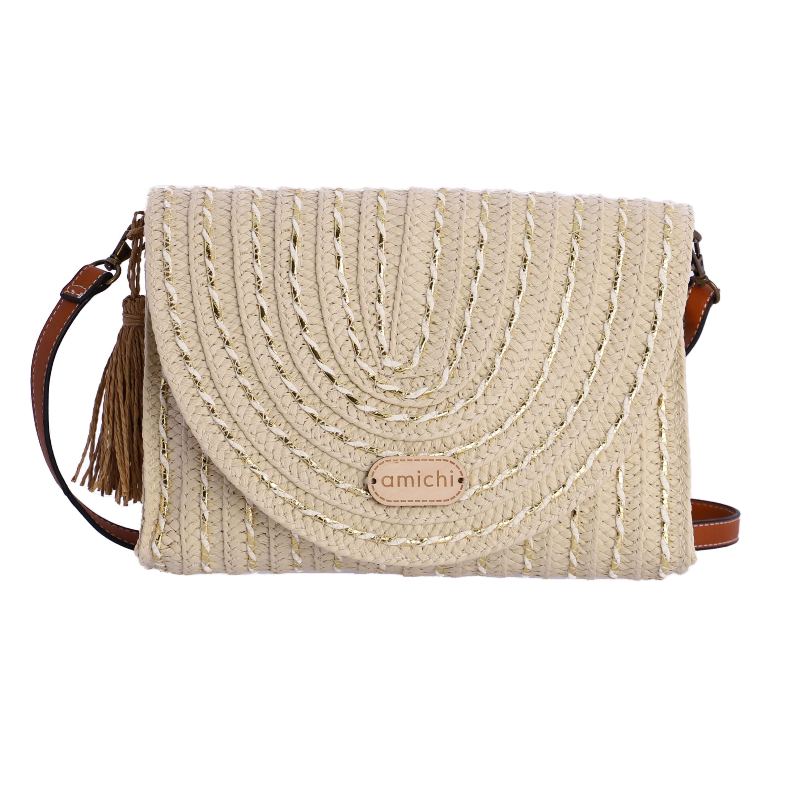 AMICHI Bolso mujer - bolso playa - bolso bandolera mujer - bolso de verano - bolso trenzado mujer - bolsa playa - rafia - bolso elegante mujer - René