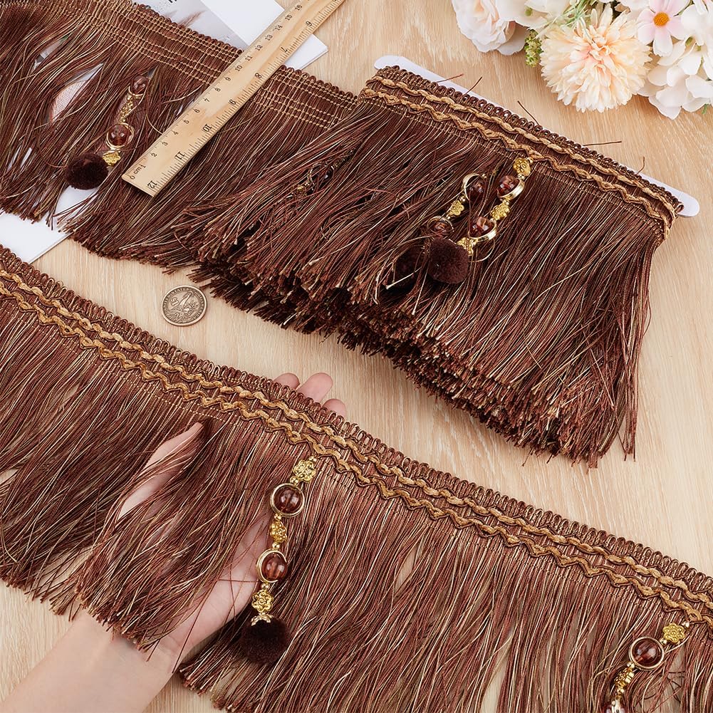 OLYCRAFT 4m/4.4 Yards Brown Fringe Tassel Trim with Braided Beads 6.5 inch Wide Hanging Ball Tassel Fringing Trim Polyester Fringe Trims Ribbon for Curtain DIY Sewing Crafts Home Decoration