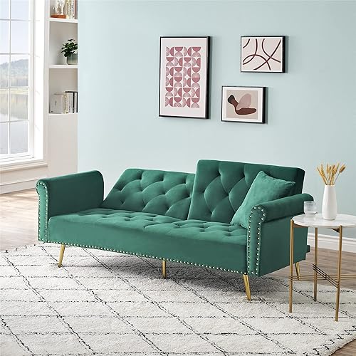 Miniatura 8 de PBOGHLRD Sofá biplaza de terciopelo convertible, futón tapizado con cabeza de clavos con dos almohadas, moderno sofá cama para sala de estar,