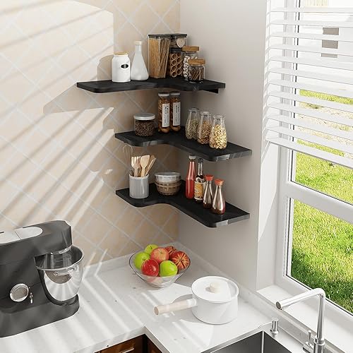 Miniatura 8 de Homode Estantes esquineros montados en la pared, juego de 3 estantes de esquina flotantes con agujero para cable, estante de exhibición colgante de