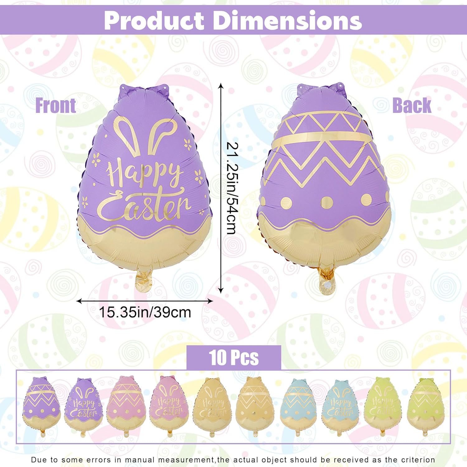 10Pcs Easter Egg Balloons, 21 Inch Happy Easter Foil Balloons, Cute Egg Shaped Mylar Balloon for Party Decorations Themed Baby Shower Birthday Party Supplies