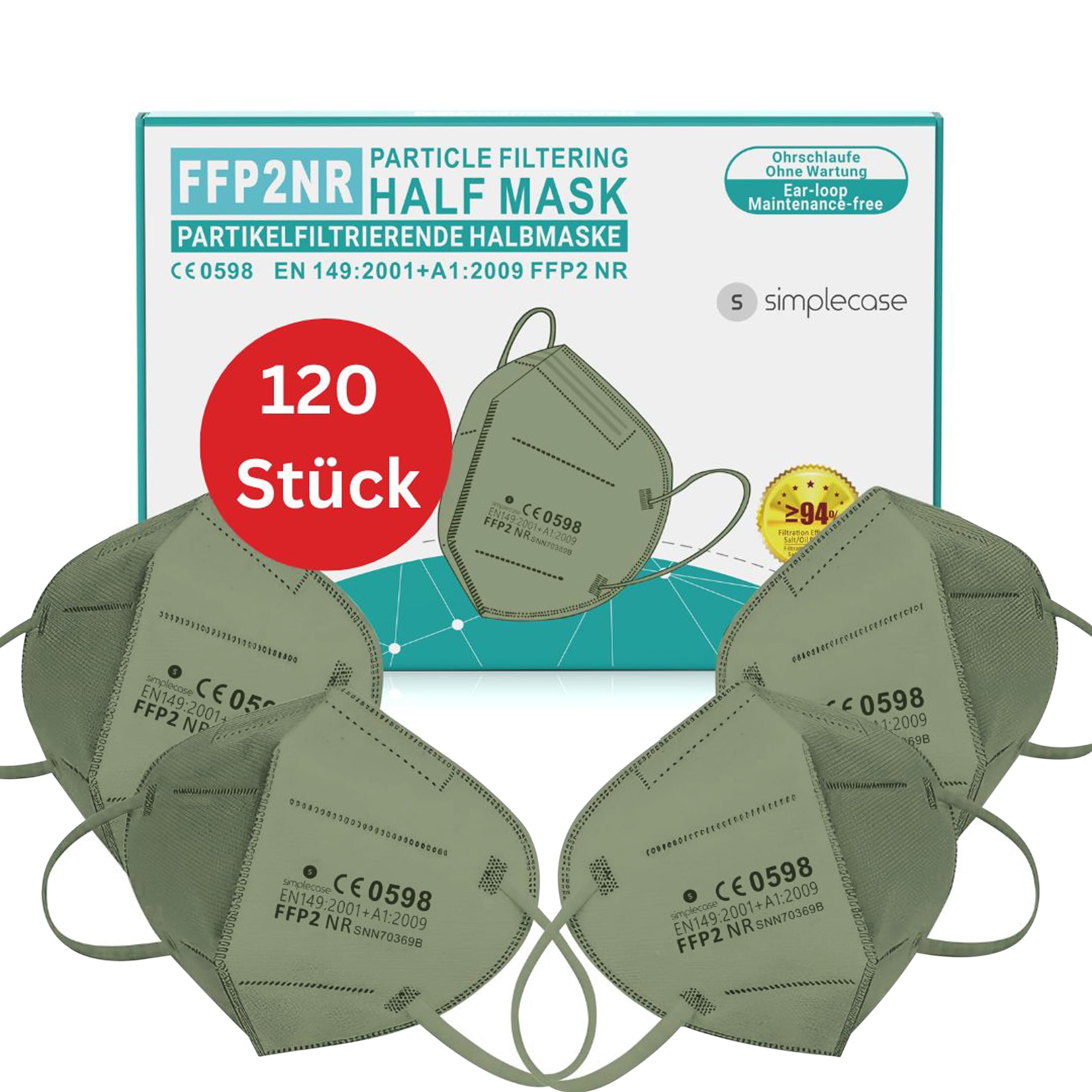 Simplecase - 120 mascarillas FFP2 certificadas por el organismo designado oficialmente 0598, respirador, máscara de filtro de partículas