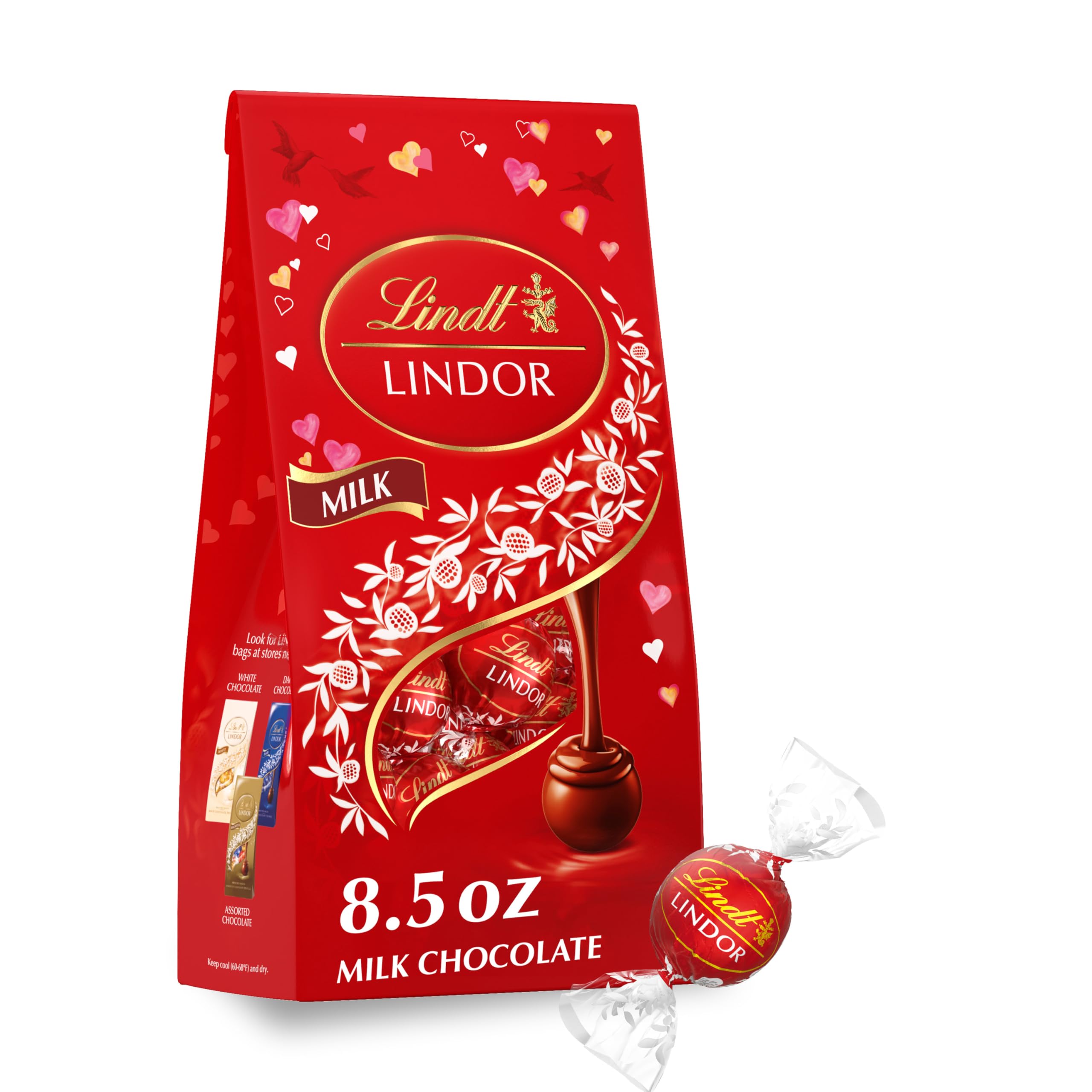 Lindt LINDOR Valentine's Milk Chocolate Candy Truffles, Milk Chocolate Candy with Milk Truffle Filling, 8.5 oz. Bag