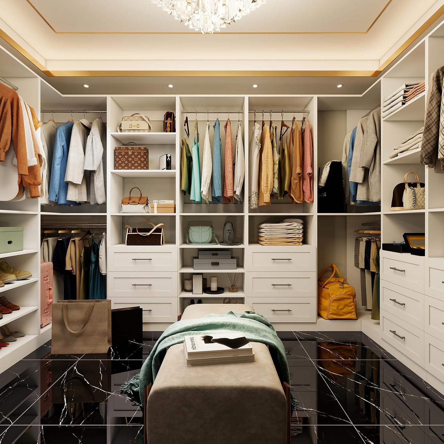 Closet System with 4 sets, 101.9" Closet Organizer Systems with 6 Drawers & 8 Hanging Rods & Adjustable Shelves, Walk in Closet Standing Closet System, Corner Closet System Set, White