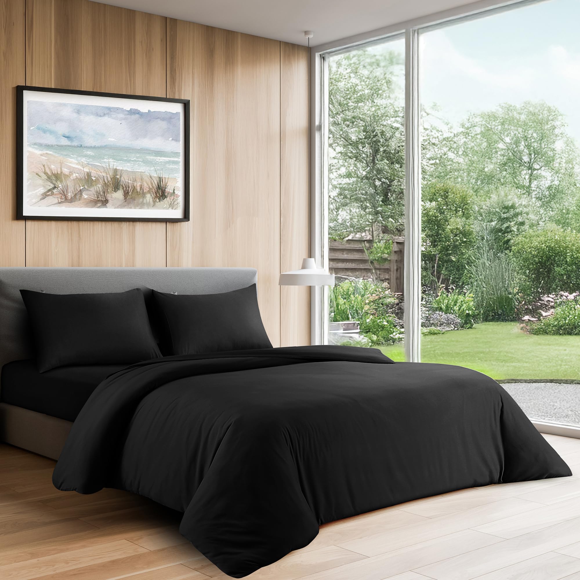 LYMA Complete Bedding Set Double Plain Duvet Cover, Fitted Sheet & 2 Pillow Cases 50x75CM, OEKO-TEX Certified, Ultra Soft NanoPlush Double Brushed, Button Closure, Wrinkle Fade Resistant (Black)