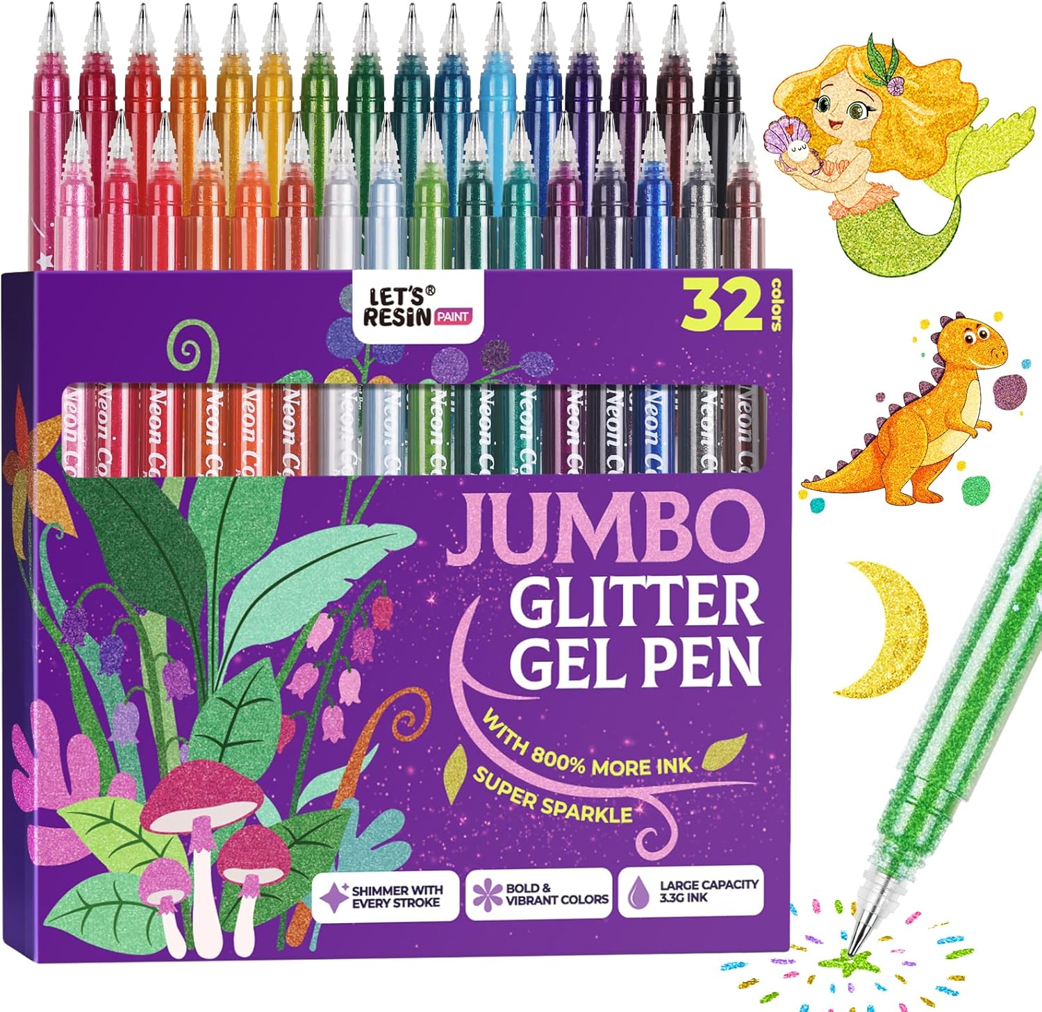 LET'S RESIN PAINT Jumbo Glitter Gel Pen Set,32 colors Metallic Shimmer Glitter Pens for Adult Coloring Books, Scrapbooking,Greeting Cards,DIY Crafts,Capped Sparkly Pens, Non-Toxic & Smooth