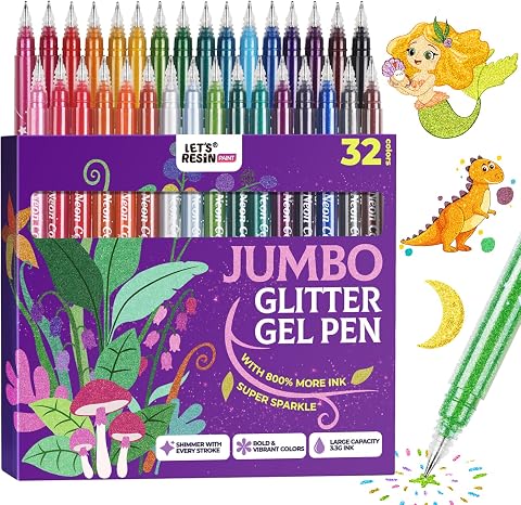 LET'S RESIN PAINT Jumbo Glitter Gel Pens,32 Colors Sparkly Pen for Coloring