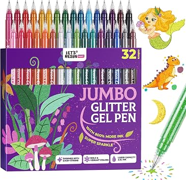 LETS RESIN PAINT Jumbo Glitter Gel Pen Set,32 colors Metallic Shimmer Glitter Pens for Adult Coloring Books, Scrapbooking,Greeting Cards,DIY Crafts,Capped Sparkly Pens, Non-Toxic & Smooth