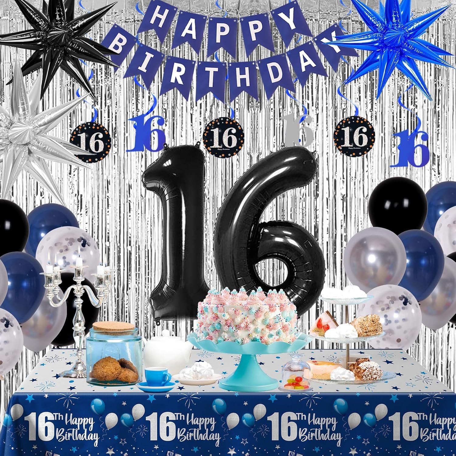 16th Birthday Decorations for Boys and Girls Dark Blue, HAPPY BIRTHDAY Banner Black Number 16 Balloons Tablecloth Foil Backdrop Star Balloons Garland Arch Kit-16 Years Old Birthday Party Supplies - Image 6