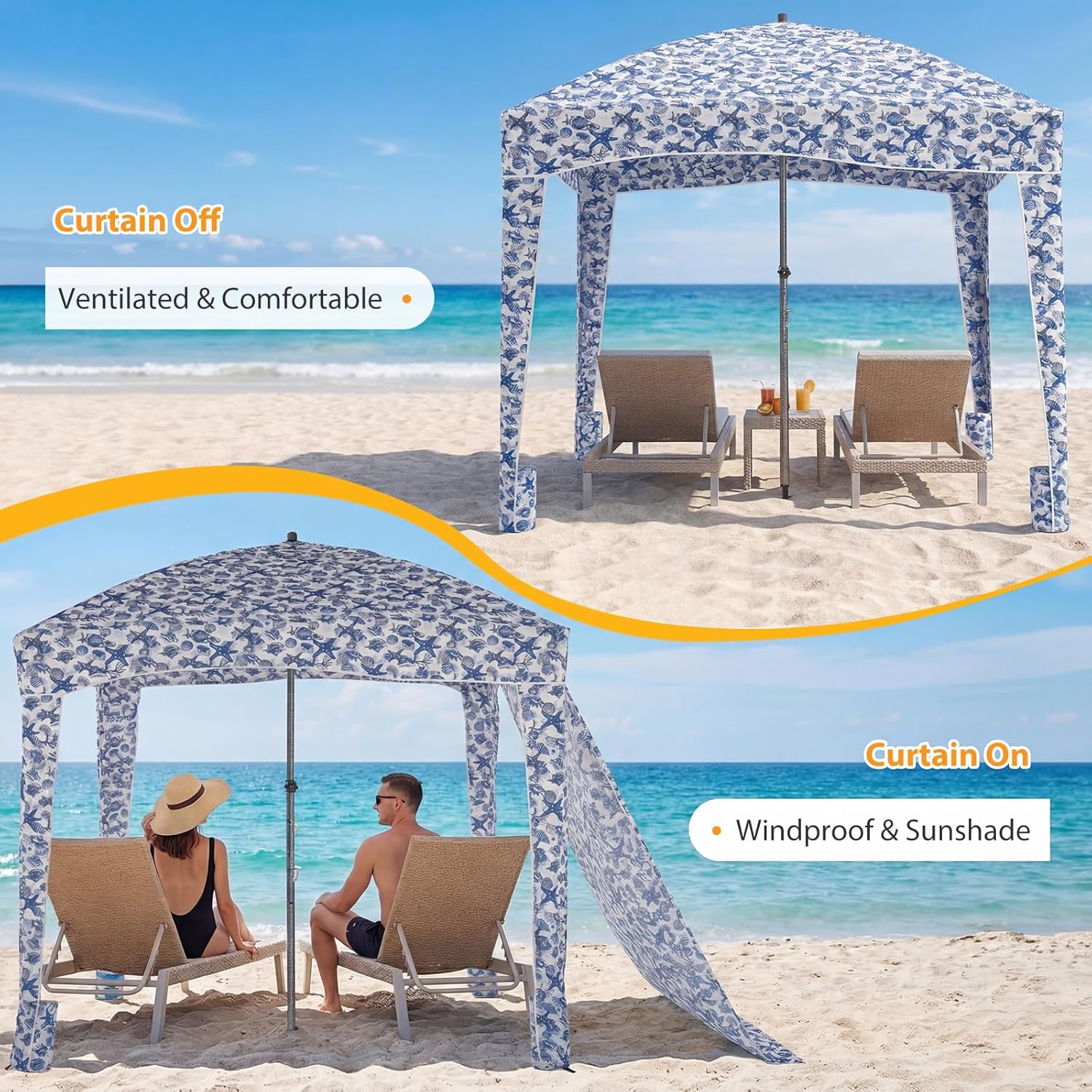 NEWBULIG Beach Cabana - 6 x 6 ft UPF 50 + Sun Protection, Detachable Waterproof Side Wall, 4 Corner Pockets, Cool Cabana Beach Tent 4.2 kg Compact Design for Beach/Camping, Starfish Shell
