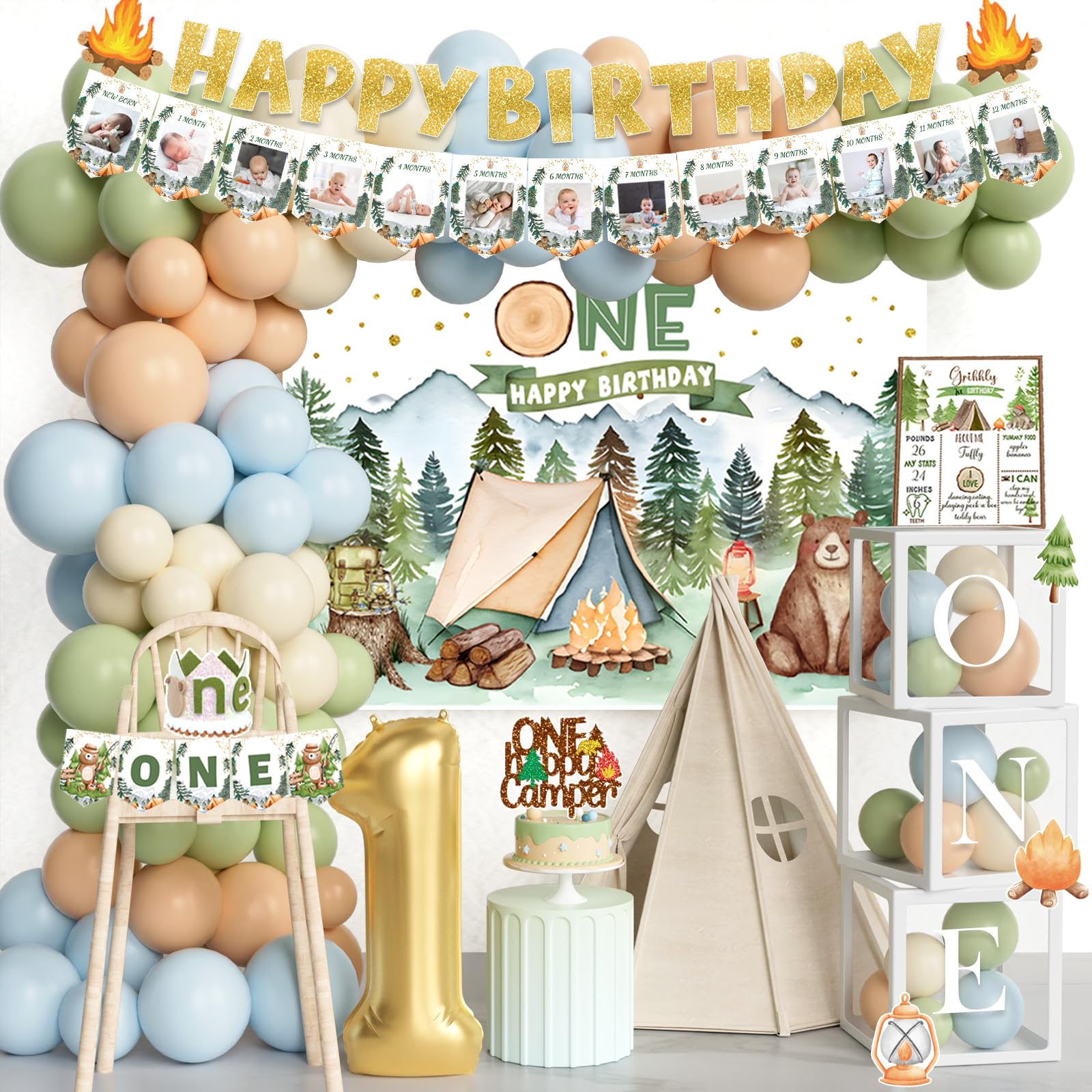 Fiesec One Happy Camper Birthday Decorations – 100 PCs Camping 1st Party Supplies Set with Backdrop, Balloon Garland, Banner, Box, Cake Topper, Crown,