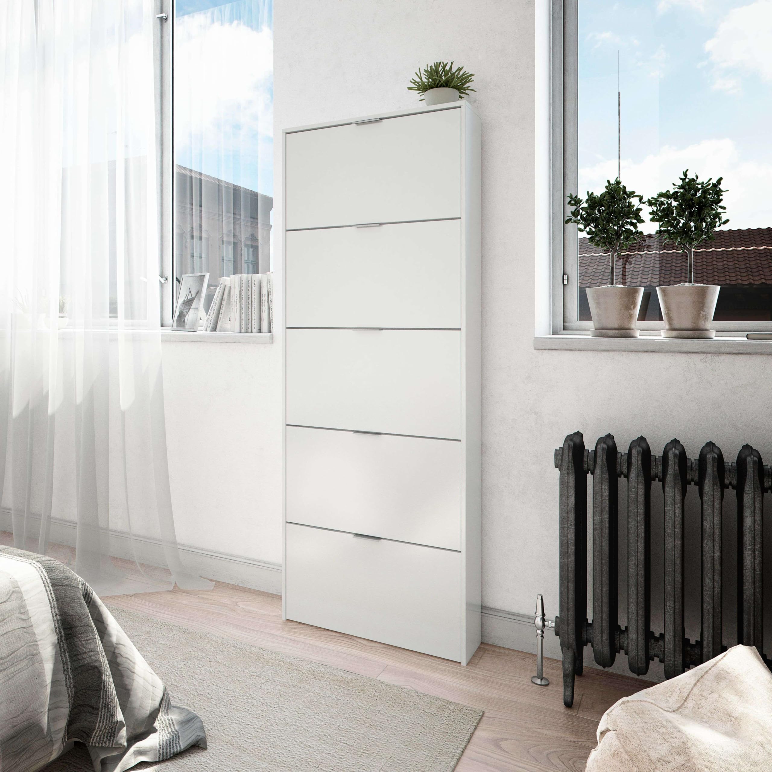Habitdesign – Zapatero 5 Puertas, Color Blanco Brillo, Mueble Zapatero Alto 15 Pares, 180x70x17 cm – Modelo Shoe Cabinet