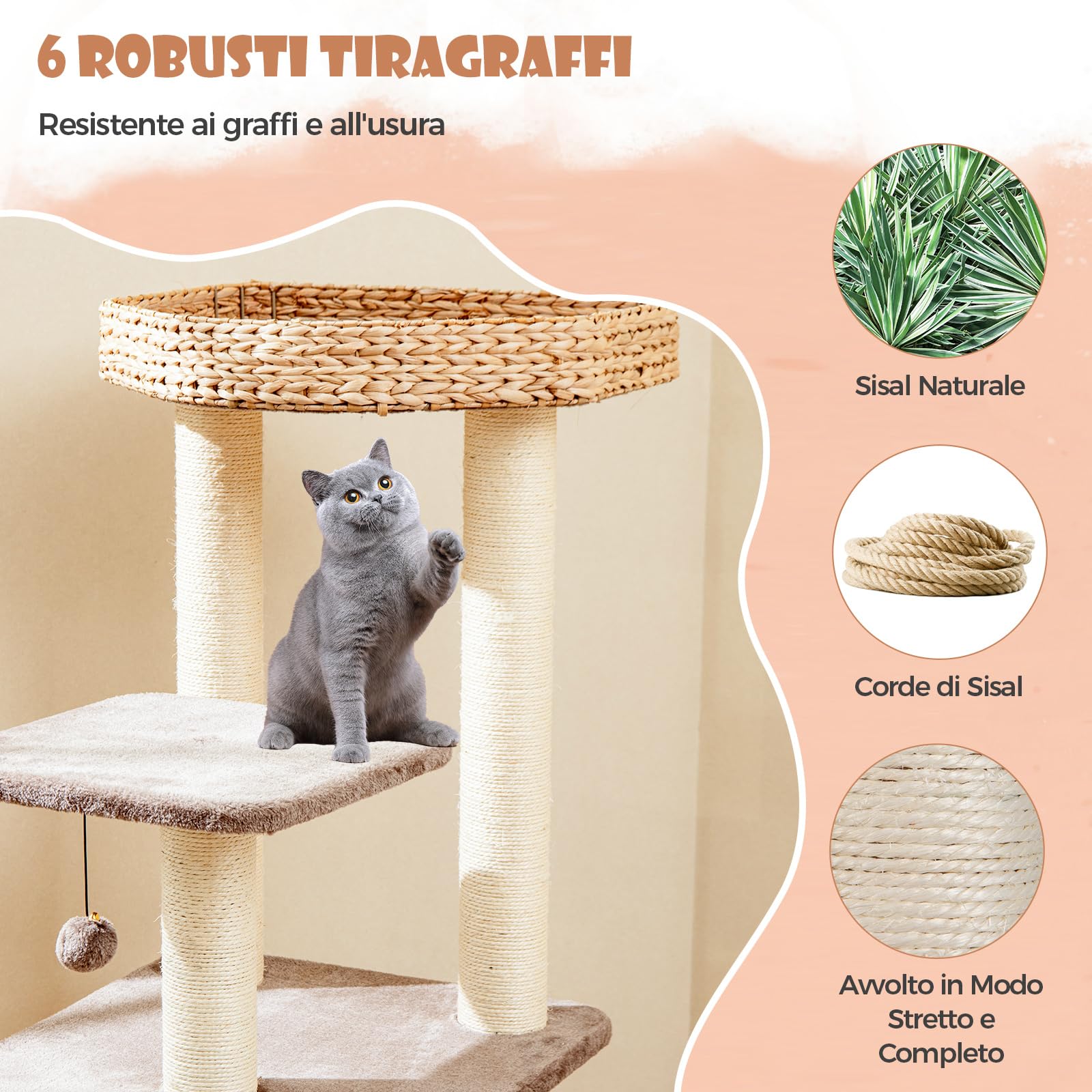 GYMAX Tiragraffi per Gatti, 60 x 48 x 131 cm, Intreccio a Mano di Giunco, Tronco in Sisal, Ideale per Gatti Grandi Adulti Medi Piccoli (Stile 7)