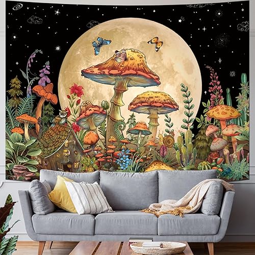 Miniatura 2 de Ameyahud Tapiz de hongos, luna y estrella, tapiz de cielo estrellado, tapiz estético vintage, tapiz de plantas de naturaleza, tapiz floral de