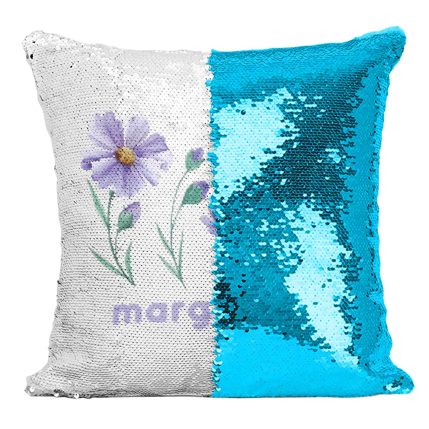 Coussin sequin turquoise marguerite violette une idée cadeau chic originale