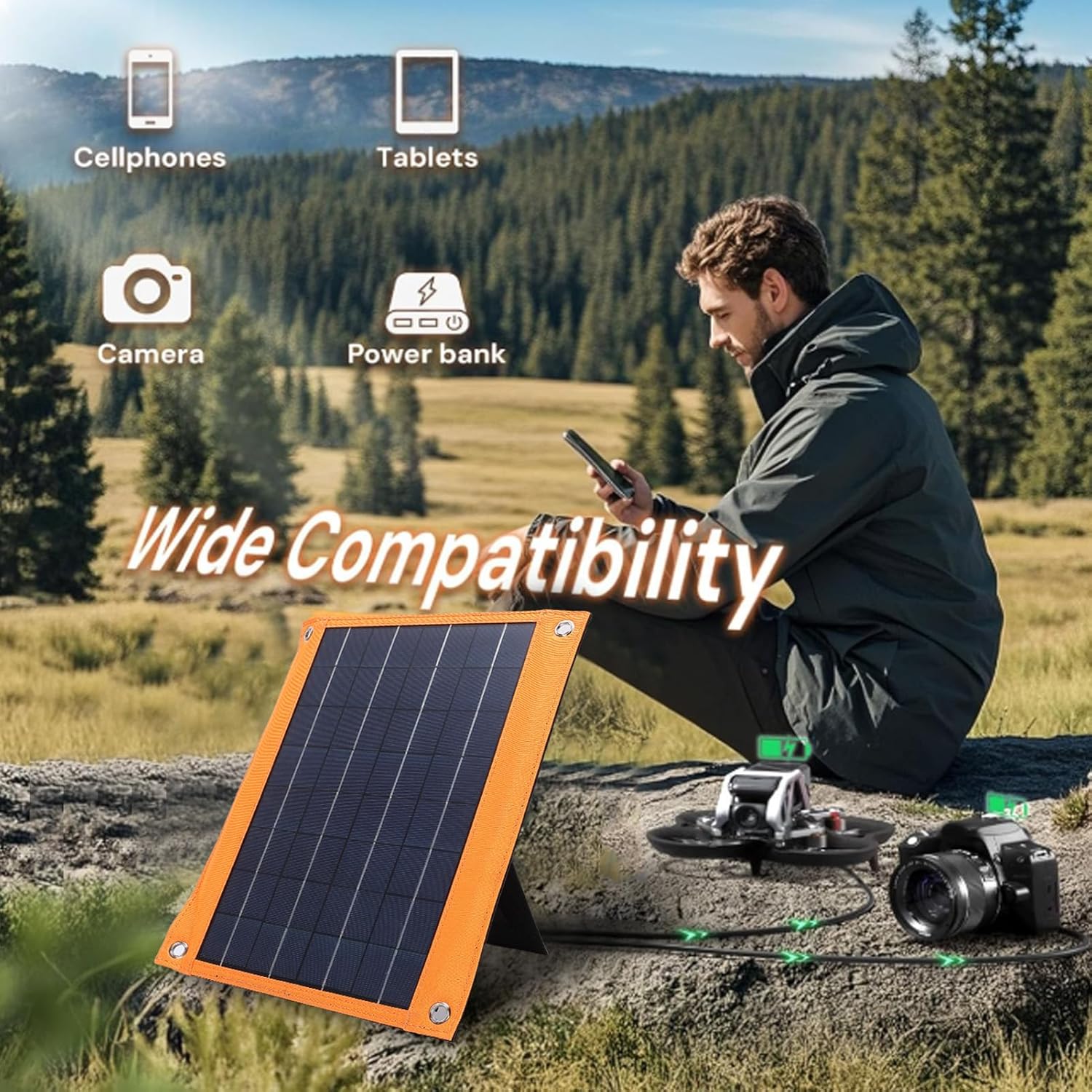 Fockety Solar Battery Charger, 16W Polycrystalline Solar Panel Charger with Stand USB C DC Interfaces Charge Up to 4 Devices, Solar Panel Kit for Emergency Camping Outdoor